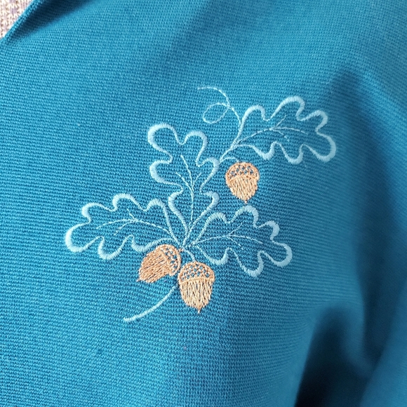 Vintage turquoise Fall Themed midi dress with embroidered acorn on chest - Picture 3 of 11